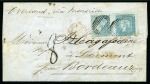 Stamp of Mauritius » 1859 Lapirot Issue » Intermediate Impressions (SG 38) 2d. blue, horizontal pair, early impression, positions 9-10, touched to huge margins, on 1859 cover to France