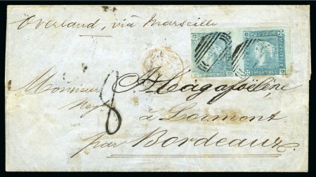 Stamp of Mauritius » 1859 Lapirot Issue » Intermediate Impressions (SG 38) 2d. blue, horizontal pair, early impression, positions 9-10, touched to huge margins, on 1859 cover to France
