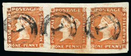 Stamp of Mauritius » 1848-59 Post Paid Issue » Intermediate Impressions (SG 10-15) 1848-59 Post Paid 1d dull vermilion intermediate strip of three