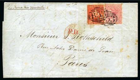 Stamp of Mauritius 1859-61 1s vermilion imperforate in combination with De La Rue 4d rose perforated