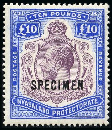 Stamp of Nyasaland » Nyasaland Protectorate 1913-21 £10 Purple & Dull Ultramarine with SPECIMEN ovpt