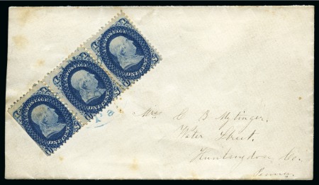 Stamp of United States 1861 1c dark blue, horizontal strip of three tied 