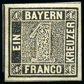 Stamp of German States » Bavaria 1849 1Kr Grey-black pl.1 unused, good margins, ver