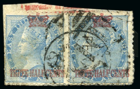 Stamp of Malaysia » Straits Settlements 1867 1 1/2c on 1/2a blue pair on small piece cance