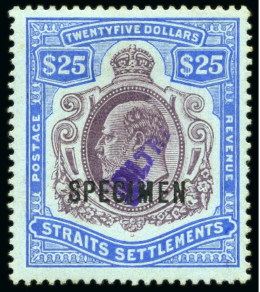 Stamp of Malaysia » Straits Settlements 1906-12 $25 Purple & Blue on blue with SPECIMEN ov