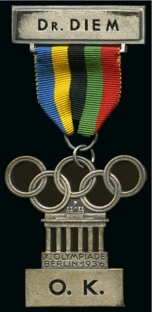 Stamp of Olympics » 1936 Berlin » Medals 1936 Berlin "Dr. Diem / O. K." badge with bar