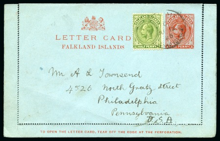 Stamp of Falkland Islands 1913 KGV Letter Card uprated with 1/2d, sent to th