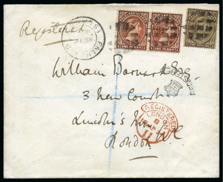 Stamp of Falkland Islands 1894 (Mar 16) Envelope sent registered to England 