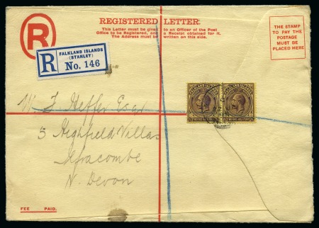 Stamp of Falkland Islands 1925 (Jan 22) Formula registered envelope sent to 