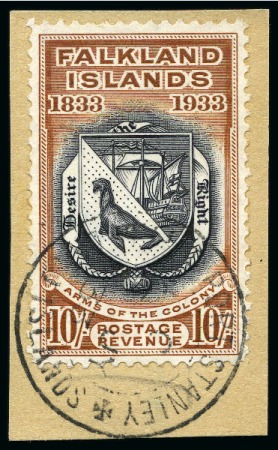 Stamp of Falkland Islands 1933 Centenary 10s tied to small piece