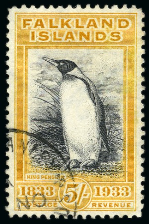 Stamp of Falkland Islands 1933 Centenary 5s yellow-orange with partial Port 