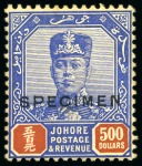 Stamp of Malaysia » Malaysian States » Johor 1922-41 $500 Blue & Red with SPECIMEN overprint, mint