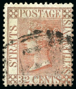 Stamp of Malaysia » Straits Settlements 1867-72 32c Pale Red with inverted watermark, nume