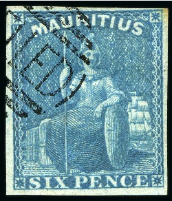 Stamp of Mauritius » 1858-62 Britannia Issues (SG 26-35) 1859-61 Britannia 6d blue Rowland Hill presentatio