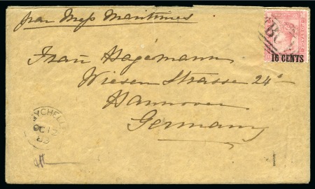 Stamp of Mauritius » Mauritius Used in Seychelles (B64) 1883 16c on 17c on cover