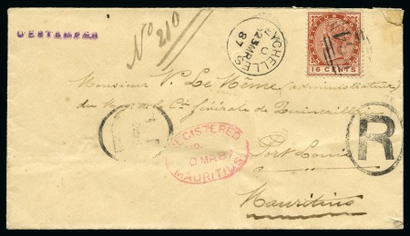 Stamp of Mauritius » Mauritius Used in Seychelles (B64) 1883-94 16c on registered cover to Mauritius