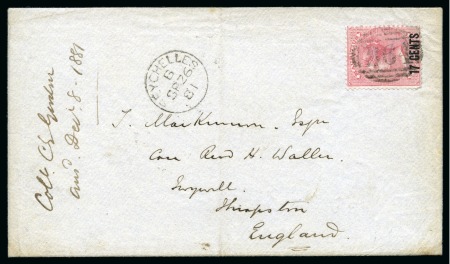 Stamp of Mauritius » Mauritius Used in Seychelles (B64) 1878 17c on 4d on cover sent by General Gordon from Seychelles