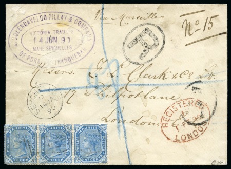 Stamp of Mauritius » Mauritius Used in Seychelles (B64) 1890 Very rare registered cover to England
