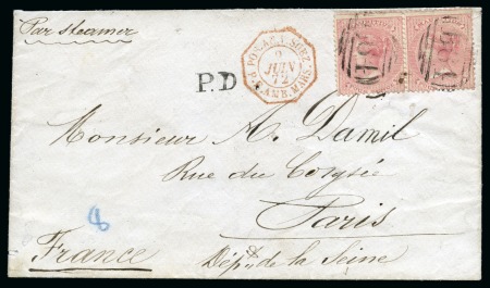 Stamp of Mauritius » Mauritius Used in Seychelles (B64) 1863-72 4d pair on cover to France