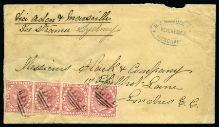 Stamp of Mauritius » Mauritius Used in Seychelles (B64) 1883-94 4c strip of four on cover to London