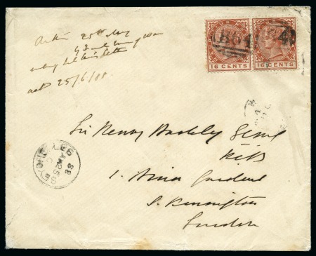 Stamp of Mauritius » Mauritius Used in Seychelles (B64) 1883-94 16c pair on cover to london