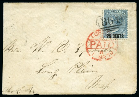Stamp of Mauritius » Mauritius Used in Seychelles (B64) 1878 25c on 6d on cover to the USA