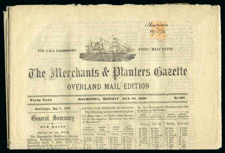 Stamp of Mauritius » Later Issues 1883-94 4c tied on Merchants & Planters Gazette by manuscript cancel
