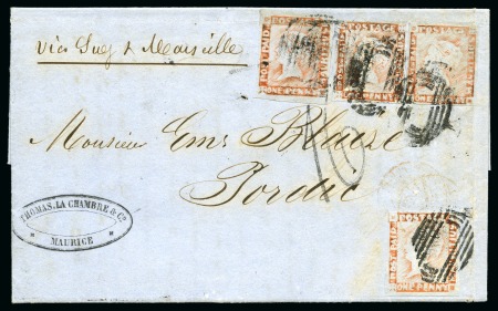 Stamp of Mauritius » 1848-59 Post Paid Issue » Latest Impressions (SG 23-25) 1859 Entire with four 1848-59 Post Paid latest impression 1d red