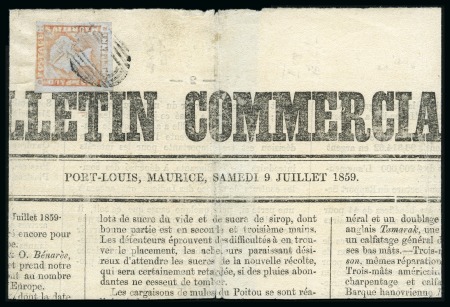 Stamp of Mauritius » 1848-59 Post Paid Issue » Worn Impressions (SG 16-22) 1848-59 Post Paid 1d red worn impression tied to top piece of the "Bulletin Commercial"