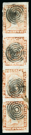 Stamp of Mauritius » 1848-59 Post Paid Issue » Worn Impressions (SG 16-22) 1848-59 Post Paid 1d orange-vermilion worn impression used strip of four