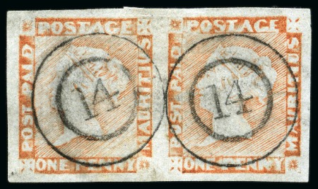 Stamp of Mauritius » 1848-59 Post Paid Issue » Worn Impressions (SG 16-22) 1848-59 Post Paid 1d orange-vermilion worn impression used pair