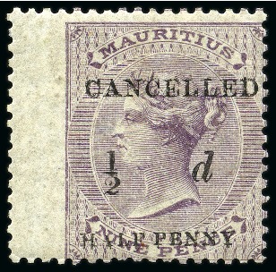 Stamp of Mauritius » Later Issues 1877 Unissued 1/2d on 9d surcharge in black with CANCELLED overprint