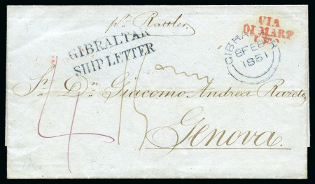 Stamp of Gibraltar 1851 Entire to Genoa with crisp "GIBRALTAR / SHIP LETTER" blue hs
