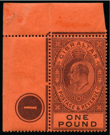 Stamp of Gibraltar 1903 CA £1 dull purple and black on red mint nh corner