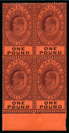 Stamp of Gibraltar 1904-08 £1 deep purple & black on red mint lower marginal block of four
