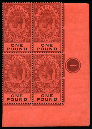 Stamp of Gibraltar 1912-24 £1 Dull Purple & Black on red in mint lower right corner marginal block of four with plate number