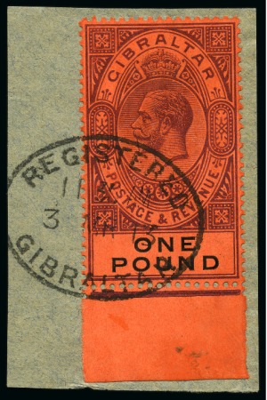 Stamp of Gibraltar 1912-24 £1 Dull Purple & Black on red in mint lower right corner marginal block of four with plate number