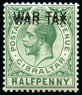 Stamp of Gibraltar 1918 War Tax 1/2d green with double overprint