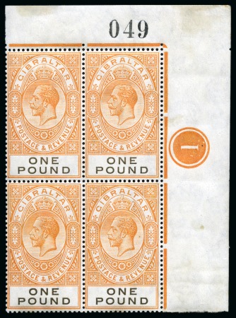 Stamp of Gibraltar 1925-32 £1 Red-Orange & Black in mint top right corner marginal block of four
