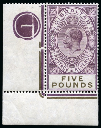 Stamp of Gibraltar 1925-32 £5 Violet & Black mint nh lower left corner marginal with plate number 