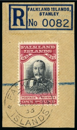 Stamp of Falkland Islands 1933 Centenary £1 Black & Carmine used on piece by complete