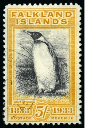Stamp of Falkland Islands 1933 Centenary 5s black and yellow-orange with partial Port Stanley cds