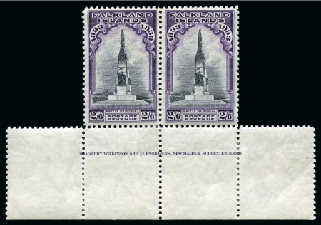 Stamp of Falkland Islands 1933 Centenary 2s6d Black & Violet mint lower marginal pair with printer's inscription