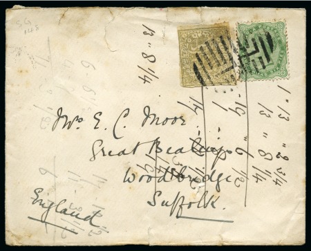 Stamp of Indian States » Jammu & Kashmir combo cover to England with SG 148 and India 4 anna, 6 pies 23 MAY 1890
