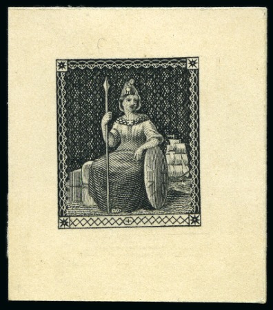 Stamp of Mauritius » 1858-62 Britannia Issues (SG 26-35) 1858 Britannia die proof reprint with pattern in value tablet