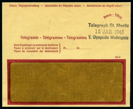 Stamp of Olympics » 1948 St. Moritz 1948 St. Moritz. Telegram envelope with "Telegraph St. Moritz / 15 JAN. 1948 / V. Olympische Winterspiele" ds