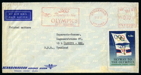 Stamp of Olympics » 1952 Oslo 1952 Envelope with "SAS Skyway to the OLYMPICS OSLO-HELSINKI" Swedish advertising machine frank,