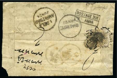 Stamp of Indian States » Jammu & Kashmir » Officials 1878 Official 1/2a black, imperforate on white laid paper, used single on cover to India