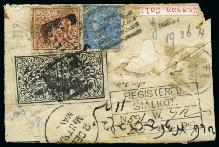 Stamp of Indian States » Jammu & Kashmir » Officials SG O4 pair plus half anna J & K red (SG 118 or 122 or 126) registered part cover to India with half anna India, 22 May 1879, ex Masson;