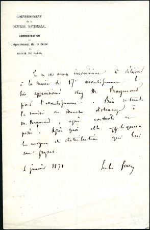 Stamp of France » Guerre de 1870-1871 Lettre autographe du 04.01.1871 signée JULES FERRY